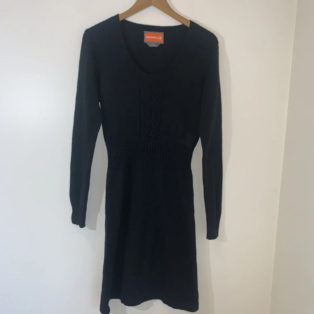 Merrell Womens Sweater Dress Medium Black Wool Blend Scoop Neck Ribbed Waist - Picture 1 of 11